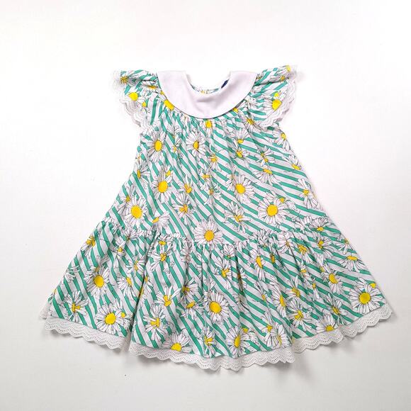 Vintage Nannette Dress Girls Size 4T Green Daisy Floral Flutter Sleeve Sundress - Picture 1 of 6